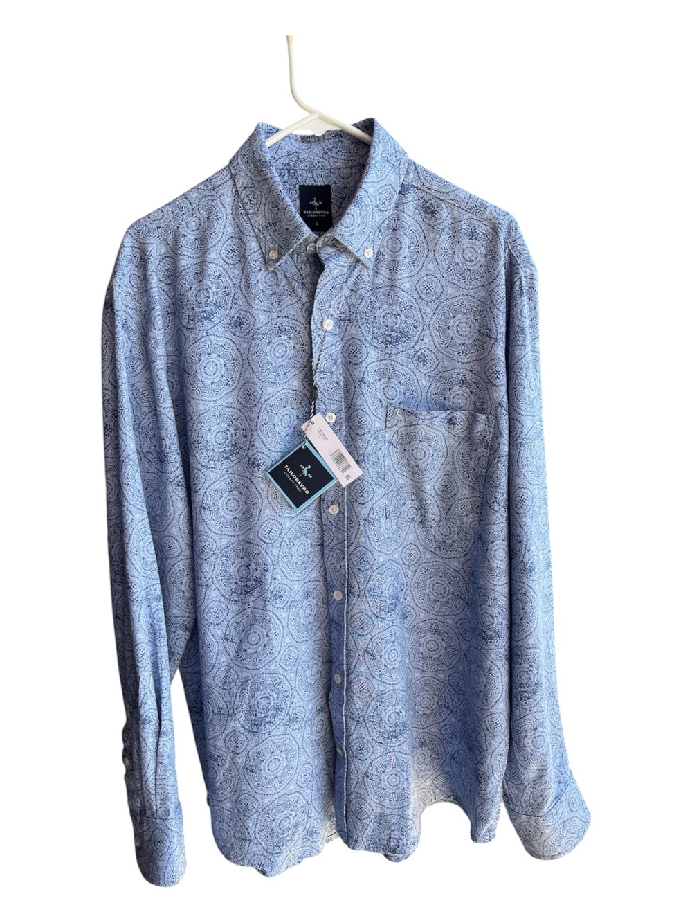 NWT Tailorbyrd Blue Linen Geometric Mandala Button Down Shirt L Flamingo - Picture 2 of 5